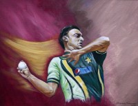 Shanzay Subzwari, Shoaib Akhtar Rawalpindi Express, 14 x 18 Inch, Acrylics on Canvas, Figurative Painting, AC-SSB-008